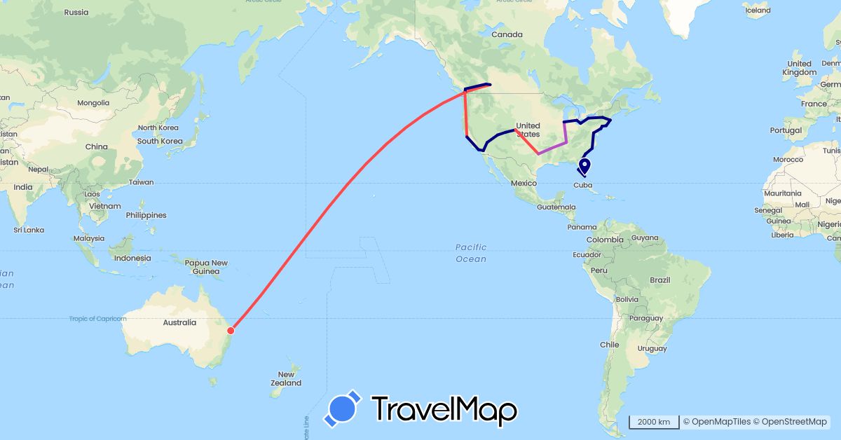 TravelMap itinerary: driving, train, hiking in Australia, Canada, United States (North America, Oceania)